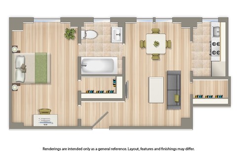 Floor plan for 1 bed, 1 bath, 515 sqft